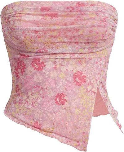 Milumia Women Floral Mesh Strapless Ruched Tube Top Split Hem Sleeveless Bandeau Crop Tops in Saudi Arabia