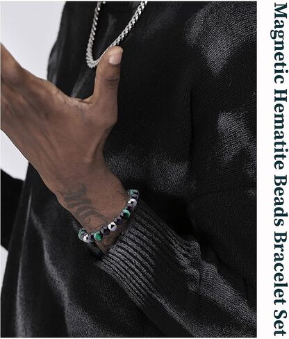 JEWPARK 8 قطع الهيماتيت الخرز سوار مجموعة للرجال النساء شفاء الطاقة قابل للتعديل سوار الحجر 8 مم سوار الحماية الثلاثي مع الخرز الهيماتيت حجر عين النمر الحمم الصخرية in Kuwait
