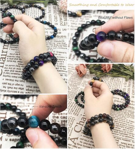 JEWPARK 8 قطع الهيماتيت الخرز سوار مجموعة للرجال النساء شفاء الطاقة قابل للتعديل سوار الحجر 8 مم سوار الحماية الثلاثي مع الخرز الهيماتيت حجر عين النمر الحمم الصخرية in Kuwait