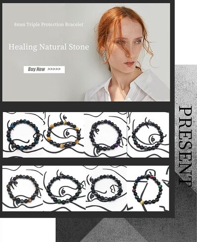 JEWPARK 8 قطع الهيماتيت الخرز سوار مجموعة للرجال النساء شفاء الطاقة قابل للتعديل سوار الحجر 8 مم سوار الحماية الثلاثي مع الخرز الهيماتيت حجر عين النمر الحمم الصخرية in Kuwait