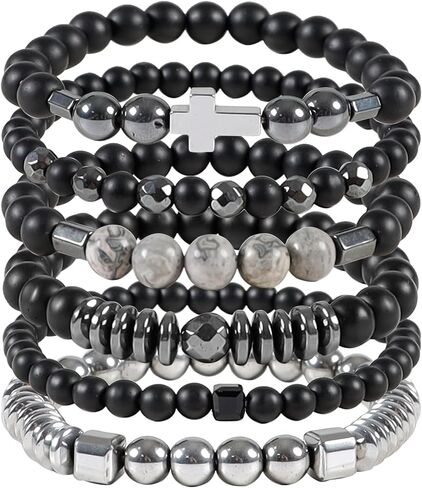 Eigso 3-6 Pcs Black Hematite Beads Bracelets for Men Women Unisex Matte Glass Beaded Cross Pendant Bracelet Set with Map Stone Beads in Saudi Arabia