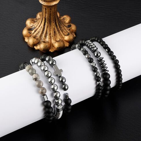 Eigso 3-6 Pcs Black Hematite Beads Bracelets for Men Women Unisex Matte Glass Beaded Cross Pendant Bracelet Set with Map Stone Beads in Saudi Arabia