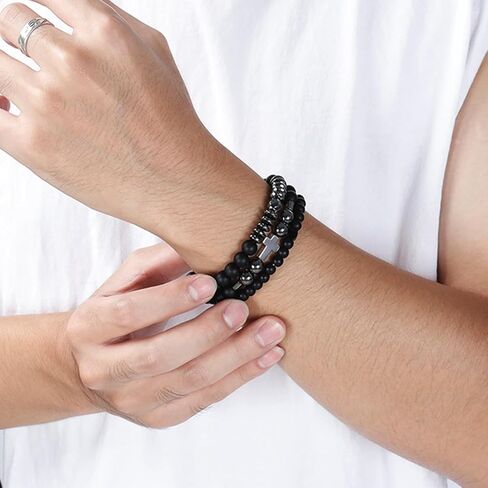 Eigso 3-6 Pcs Black Hematite Beads Bracelets for Men Women Unisex Matte Glass Beaded Cross Pendant Bracelet Set with Map Stone Beads in Saudi Arabia