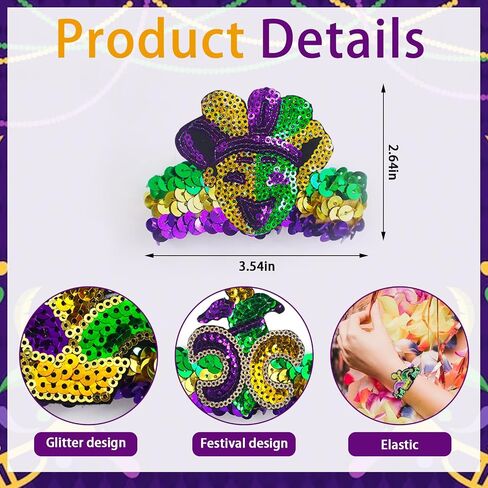ABTOLS 4pcs Mardi Gras Bracelets for Women Girls, Glitter Fleur De Lis Mask Heart Sequin Charm Bracelets in Saudi Arabia