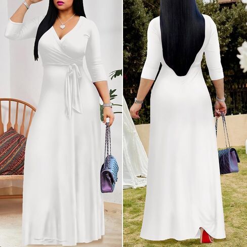 فستان FANDEE نسائي 2024 طويل - لون سادة بوهيمي صيفي طويل ماكسي رقبة V 3/4 كم in Saudi Arabia