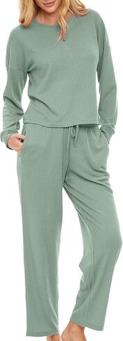 Alexander Del Rossa Women's Ribbed Waffle Rib Knit Henley Pajamas Lounge Set, Long Sleeve Top Pants with Pockets, Drawstring in Saudi Arabia