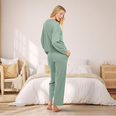 Alexander Del Rossa Women's Ribbed Waffle Rib Knit Henley Pajamas Lounge Set, Long Sleeve Top Pants with Pockets, Drawstring in Saudi Arabia