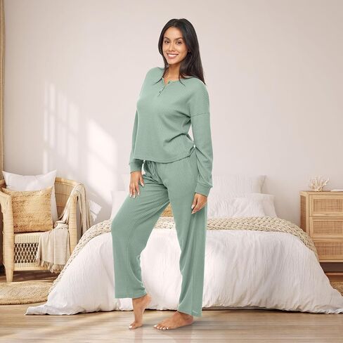 Alexander Del Rossa Women's Ribbed Waffle Rib Knit Henley Pajamas Lounge Set, Long Sleeve Top Pants with Pockets, Drawstring in Saudi Arabia