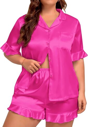 SWOMOG Womens Plus Size Pajamas Satin Silk Short Sleeve Pjs Sets Ruffle Shorts Plus 2 Piece Sleepwear Summer Pj with Pocket in Saudi Arabia