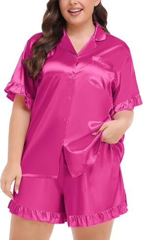 SWOMOG Womens Plus Size Pajamas Satin Silk Short Sleeve Pjs Sets Ruffle Shorts Plus 2 Piece Sleepwear Summer Pj with Pocket in Saudi Arabia