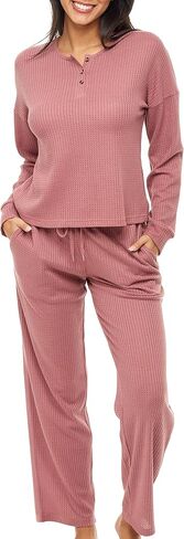 Alexander Del Rossa Women's Ribbed Waffle Rib Knit Henley Pajamas Lounge Set, Long Sleeve Top Pants with Pockets, Drawstring in Saudi Arabia