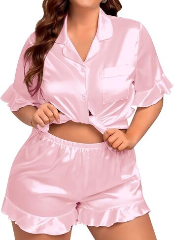 SWOMOG Womens Plus Size Pajamas Satin Silk Short Sleeve Pjs Sets Ruffle Shorts Plus 2 Piece Sleepwear Summer Pj with Pocket in Saudi Arabia