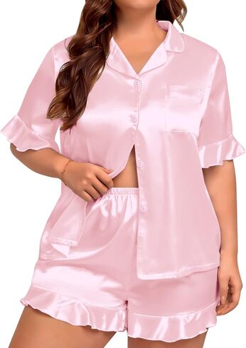 SWOMOG Womens Plus Size Pajamas Satin Silk Short Sleeve Pjs Sets Ruffle Shorts Plus 2 Piece Sleepwear Summer Pj with Pocket in Saudi Arabia