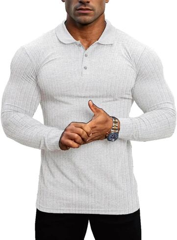 Lehmanlin Men's Stretch Muscle Shirts Long/Short Sleeve Cotton T Shirts Slim Fit Polo Shirt in Saudi Arabia