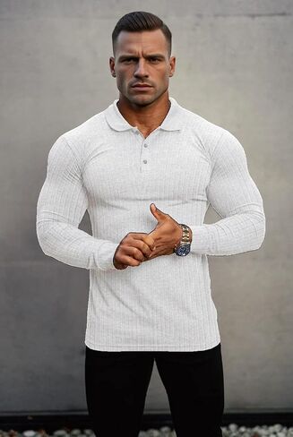 Lehmanlin Men's Stretch Muscle Shirts Long/Short Sleeve Cotton T Shirts Slim Fit Polo Shirt in Saudi Arabia
