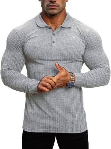 Lehmanlin Men's Stretch Muscle Shirts Long/Short Sleeve Cotton T Shirts Slim Fit Polo Shirt in Saudi Arabia