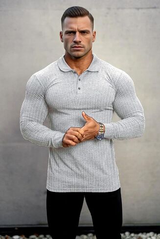Lehmanlin Men's Stretch Muscle Shirts Long/Short Sleeve Cotton T Shirts Slim Fit Polo Shirt in Saudi Arabia