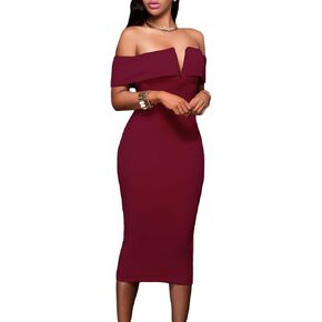 AlvaQ Women's Sexy V Neck Off The Shoulder Evening Bodycon Club Midi Dress in Kuwait