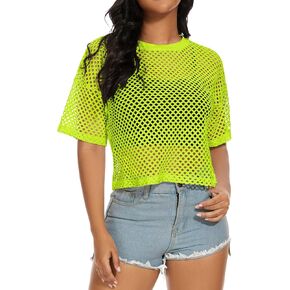 Women's Mesh Fishnet Top See Through Cover Up Short Sleeves T Shirts Sheer Blouse