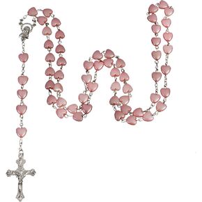 Rosary Beads Catholic for Women Pink Catholic Pink Plastic Beads Rosary Necklace Pink Heart Shaped Beads Necklace with Sliver Cross Rosary Necklace as Gifts for Mother,Grandmother,Elders in Saudi Arabia