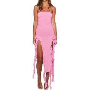 Women’s Bodycon Tube Dress Sexy Strapless Y2K Ruffle Trim Irregular Floral Tassel Split Ruched Club Night Party Midi Dress