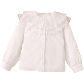 SweatyRocks Girl's Cute Round Neck Long Sleeve Solid Blouse Button Down Ruffle Trim Uniform Shirt Top