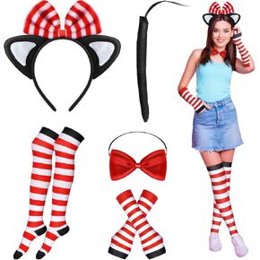 Leyndo Cat Costume Set Cat Ear Headband Bowtie Cat Tail Long Arm Warmers Stretchy Striped Stockings for Cosplay Party in Saudi Arabia