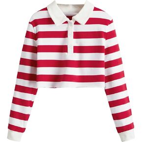Floerns Girls Striped Print Long Sleeve Half Button Collar Crop Tops