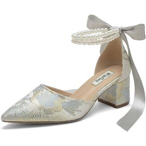Floral Satin Wedding Shoes for Bride Block Heel Pointed Toe Pearl Bridal Shoes Wedding Heels