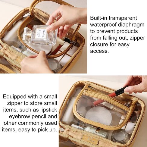 Veki Transparent Makeup bag Double Travel Cosmetic bags Case Waterproof Toiletries Bag Large Capacity Open Storage bag Organizer for Women and Girls (Small Pink) in Kuwait