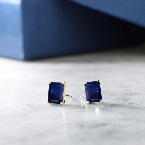 Gem Stone King 14K Yellow Gold Blue Sapphire Stud Earrings For Women (3.12 Cttw, Gemstone September Birthstone, Emerald Cut 7X5MM) in Saudi Arabia