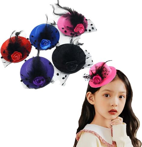 5 قطع من قبعات حفلات الشاي الصغيرة من ليكتيست للنساء رائعة للفتيات والنساء في 5 ألوان، تصميم بمشبك، مشابك قبعة صغيرة مع زهور شريطية للنساء والفتيات (4 بوصات) in Kuwait