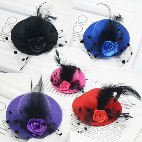 5 قطع من قبعات حفلات الشاي الصغيرة من ليكتيست للنساء رائعة للفتيات والنساء في 5 ألوان، تصميم بمشبك، مشابك قبعة صغيرة مع زهور شريطية للنساء والفتيات (4 بوصات) in Kuwait