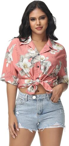 MCEDAR قمصان هاواي كبيرة الحجم للنساء الاستوائية كم قصير زر أسفل طباعة بلوزة ألوها شاطئ لوا ملابس علوية للحفلات in Kuwait