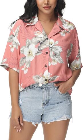 MCEDAR قمصان هاواي كبيرة الحجم للنساء الاستوائية كم قصير زر أسفل طباعة بلوزة ألوها شاطئ لوا ملابس علوية للحفلات in Kuwait