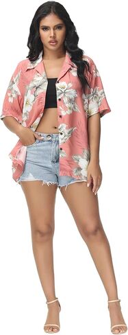 MCEDAR قمصان هاواي كبيرة الحجم للنساء الاستوائية كم قصير زر أسفل طباعة بلوزة ألوها شاطئ لوا ملابس علوية للحفلات in Kuwait