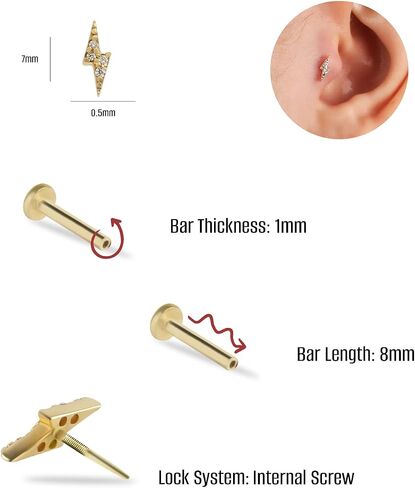Lightning Labret Cartilage Piercing Earring With Zircons - 14K Solid Yellow Gold - For Helix Tragus Lobe Conch Flat & Other Body Piercing BY KORAL JEWELRY in Saudi Arabia