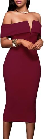 AlvaQ Women's Sexy V Neck Off The Shoulder Evening Bodycon Club Midi Dress in Kuwait