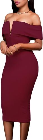 AlvaQ Women's Sexy V Neck Off The Shoulder Evening Bodycon Club Midi Dress in Kuwait