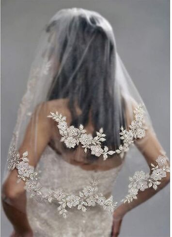 يوفيك طرحة زفاف للعروس من طبقتين من الدانتيل الابيض من التول اكسسوارات شعر قصيرة الخصر للنساء 52 انش, أبيض, One Size in Kuwait