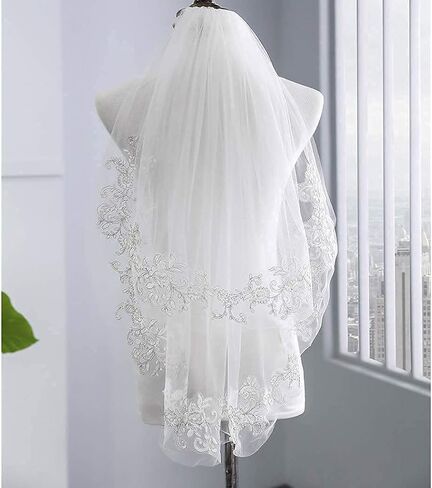 يوفيك طرحة زفاف للعروس من طبقتين من الدانتيل الابيض من التول اكسسوارات شعر قصيرة الخصر للنساء 52 انش, أبيض, One Size in Kuwait