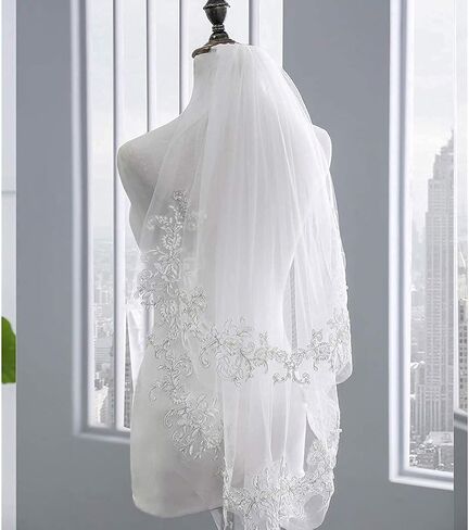 يوفيك طرحة زفاف للعروس من طبقتين من الدانتيل الابيض من التول اكسسوارات شعر قصيرة الخصر للنساء 52 انش, أبيض, One Size in Kuwait