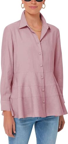 Cicy Bell Women's Button Down Shirts Collared V Neck Long Sleeve Peplum Tiered Blouse Tops in Kuwait