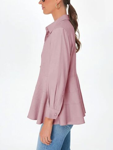 Cicy Bell Women's Button Down Shirts Collared V Neck Long Sleeve Peplum Tiered Blouse Tops in Kuwait