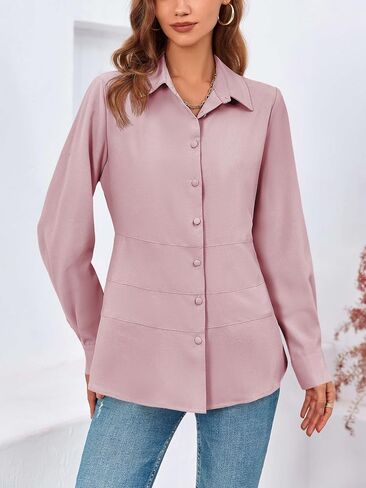 Cicy Bell Women's Button Down Shirts Collared V Neck Long Sleeve Peplum Tiered Blouse Tops in Kuwait