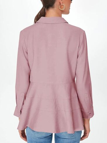 Cicy Bell Women's Button Down Shirts Collared V Neck Long Sleeve Peplum Tiered Blouse Tops in Kuwait