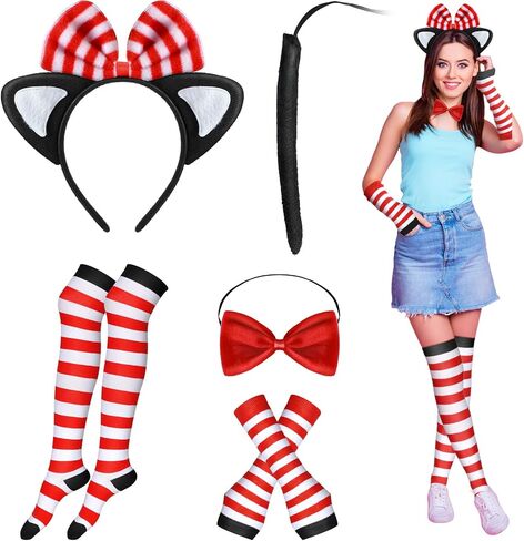Leyndo Cat Costume Set Cat Ear Headband Bowtie Cat Tail Long Arm Warmers Stretchy Striped Stockings for Cosplay Party in Saudi Arabia