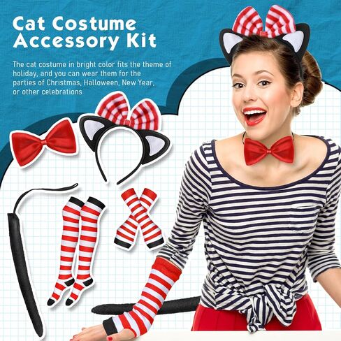 Leyndo Cat Costume Set Cat Ear Headband Bowtie Cat Tail Long Arm Warmers Stretchy Striped Stockings for Cosplay Party in Saudi Arabia