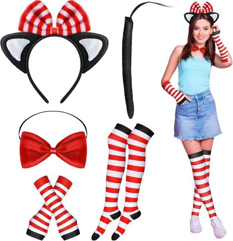 Leyndo Cat Costume Set Cat Ear Headband Bowtie Cat Tail Long Arm Warmers Stretchy Striped Stockings for Cosplay Party in Saudi Arabia