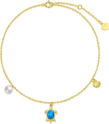 Yafeeso 14K Gold Sea Turtle Anklet for Women Girls,14kt Yellow Gold Blue Opal Sea Turtle Anklets with Shell and Pearl,Beach Foot Fine Animal Jewelry Gift for Her Mom Daughter,8+2 Inch in Saudi Arabia